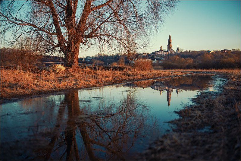 россия, рязанская область, пощупово, весна, пейзаж, природа, поле, дерево, монастырь, отражение photo preview