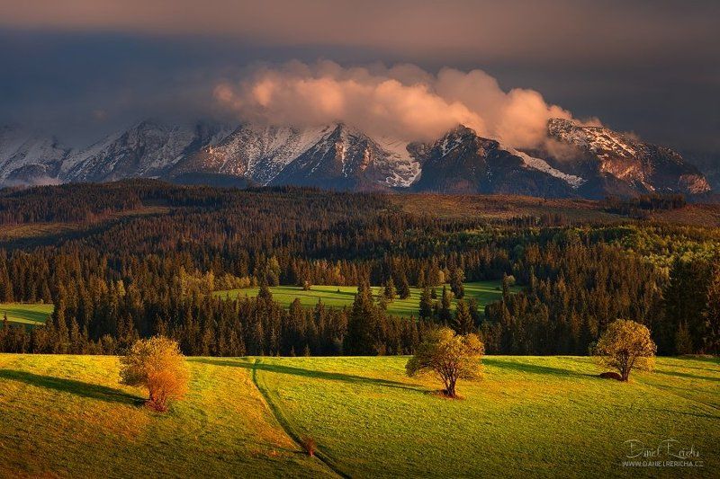 Slovakia, Tatras, Belianske Tatras, evening, spring, mountains, trees, forest, sky, clouds, Belianske Tatrasphoto preview