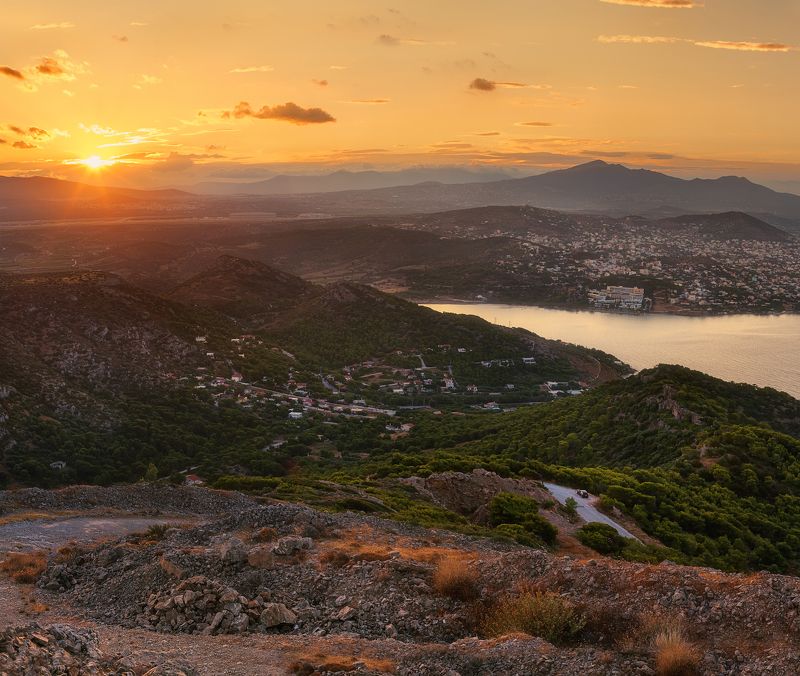 Горы, Греция, Закат, Лето, Лучи, Море, Оранжевый, Путешествие, Солнце Греческими тропамиphoto preview