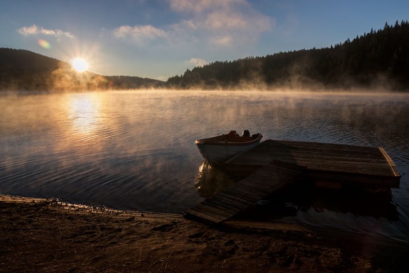 sunset, landscape, lake, mountain, восход, солнце, плотина, гора, пейзаж На плотине / On the lakephoto preview