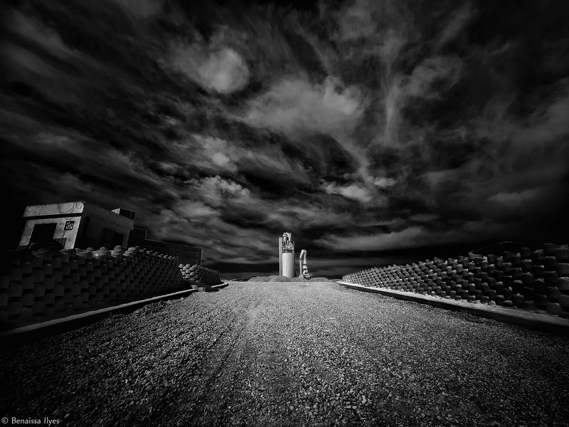 black and white, bnw, monochrome, architecture، building, outdoor, tower, building, algeria, photography, factory, shadow, symmetry, cloudscape, sky, clouds, , Factory entrancephoto preview