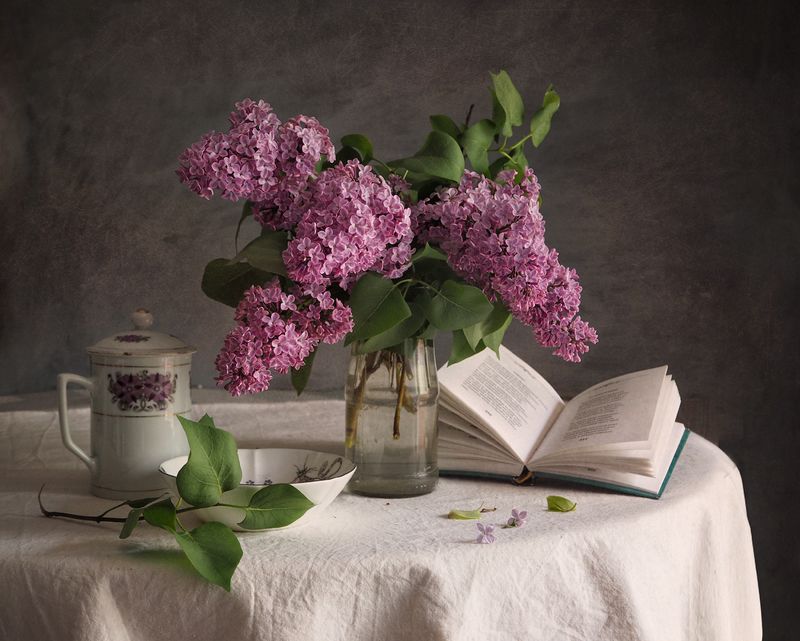 сирень, книга, листья, чашка Майская сиреньphoto preview