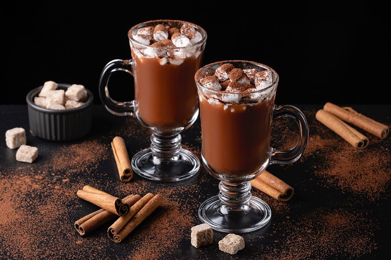 cocoa, drink, mug, milk, chocolate, marshmallow, hot, sweet, warm, beverage, brown, dessert, cinnamon, breakfast, delicious, food, table, tasty, liquid, hot chocolate, cozy, no people, tradition, relaxation, old-fashioned, melting, mini, foam, treat, powd Two cups of hot chocolate, cocoa or warm drink with marshmallows on dark background.photo preview