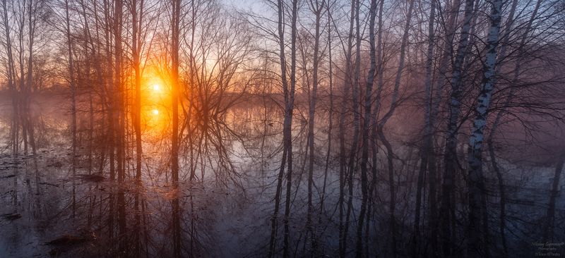 теза, ивановская область, холуй, южский район, весна, разлив, половодье, отражения, восход \