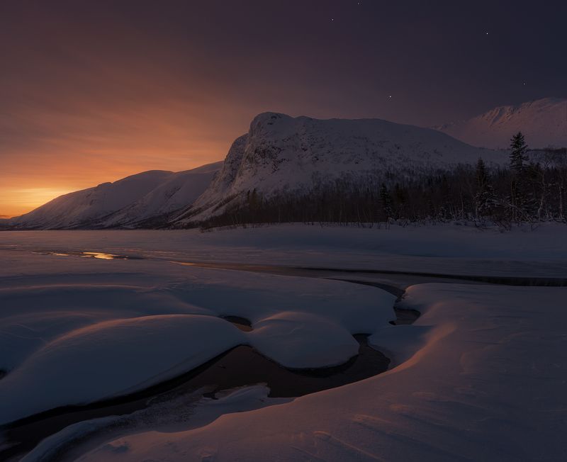 север, кольский, лес, зима, хибины, река, большой вудъявр Вечер на озере Большой Вудъяврphoto preview