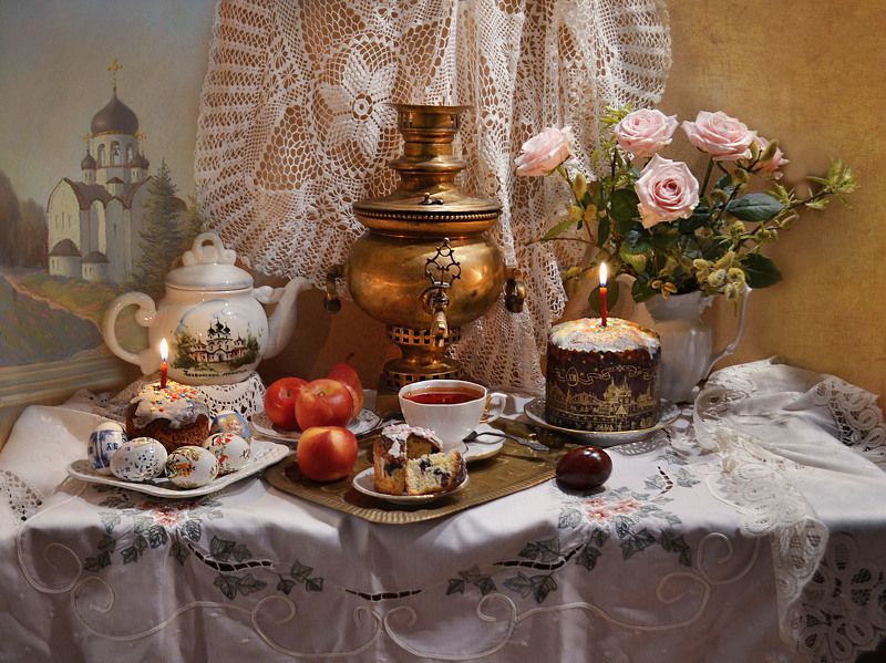 still life,натюрморт, апрель, пасха, куличи, самовар, свечи, розы, верба, праздник, красная горка, Красная горка...photo preview