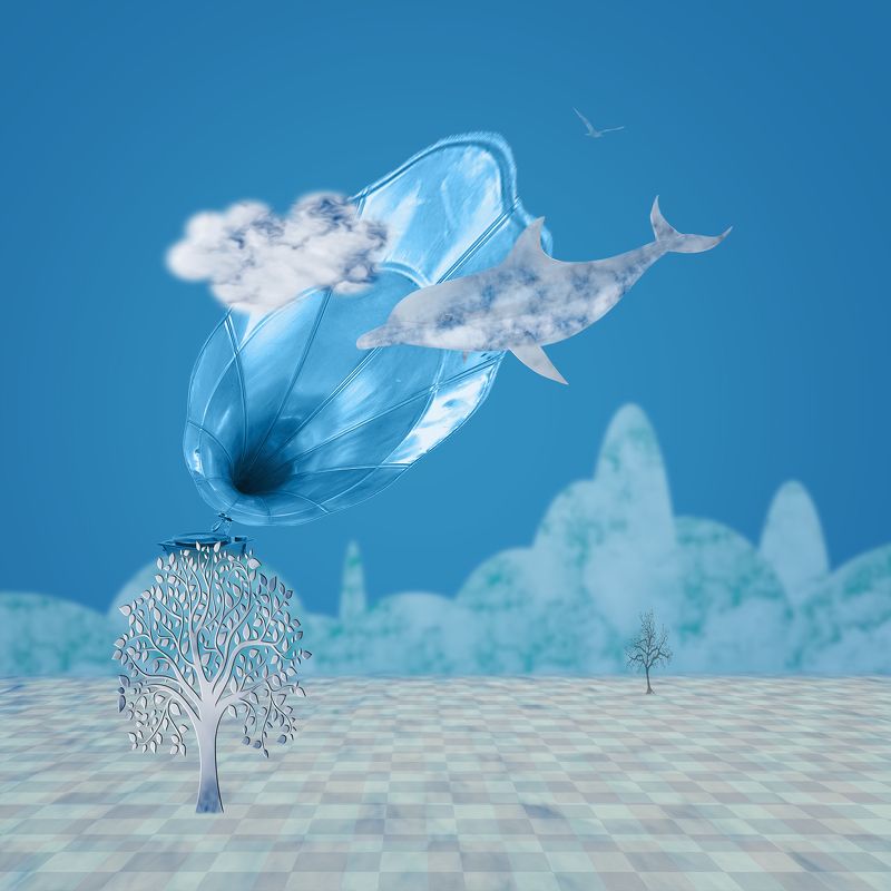 blue, collage, color, colors, concept, conceptual, digital, digital art, dolphin, editing, mind, photo collage, photography, surreal, surrealism, tree, world, Into the World of the Mindphoto preview