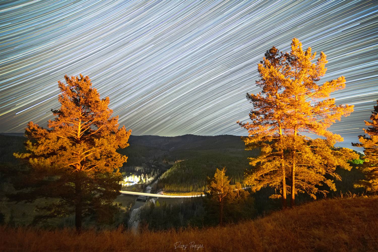 ночь, звезды, деревья, лес, звездные треки, млечный путь, дорога, длинная выдержка, забайкальский край, чита, milkyway, night, Портных Дмитрий