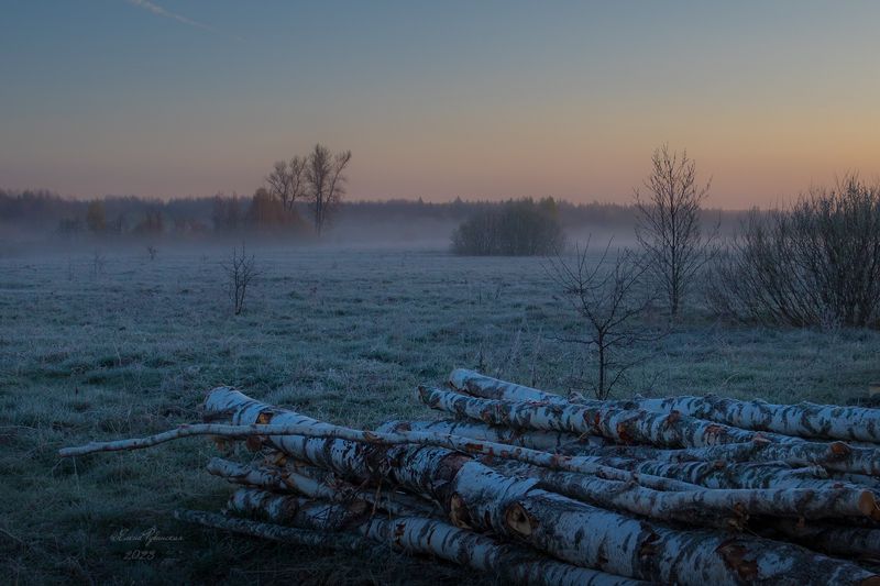 кострома, костромская область, утро, весна, иней, туман, поле Морозный  апрельский рассветphoto preview