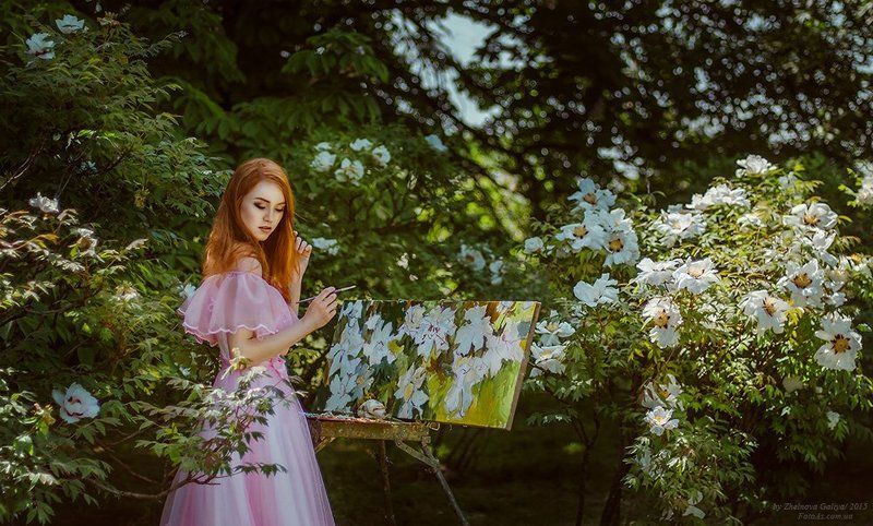 Девушка, Кисти, Мольберт, Цветы ...photo preview