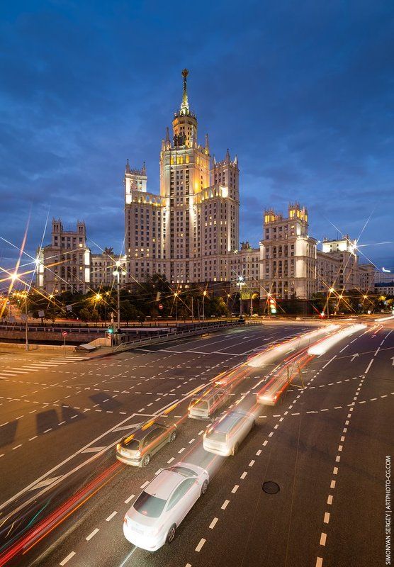 вечер, высотка, город, дорога, закат, котельническая, москва, набережная, подсветка, трассер photo preview