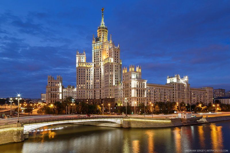 вечер, высотка, город, котельническая, москва, набережная, подсветка photo preview