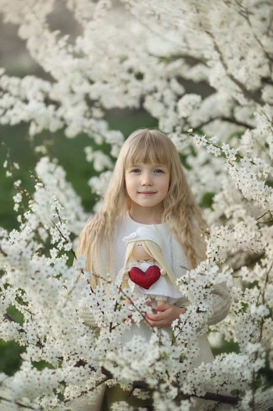 heart, doll, blossom, cherry in blossom, little girl Red heart in blossomphoto preview