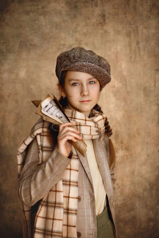 girl, old, newspaper, visor, hat, beige, vintage Старая газетаphoto preview