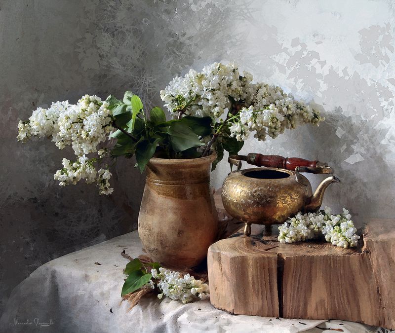 white lilac, teapot With white lilac and brass teapotphoto preview