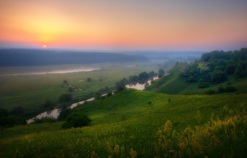 пейзаж, утро, туман, рассвет, landscape, morning, fog, dawn Morning on the hillsidephoto preview