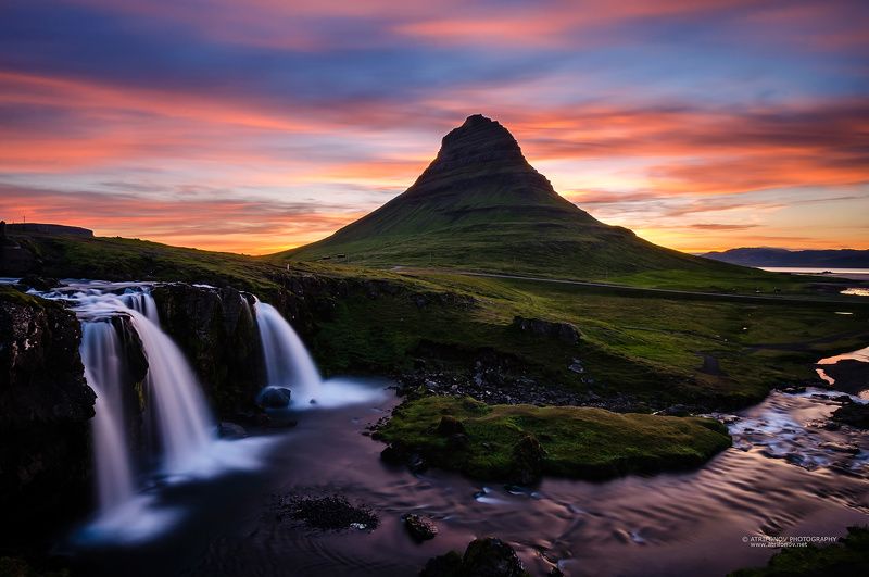 Iceland, Kirkjufell, watewrfall, midnight sun, sunset Kirkjufellsfossphoto preview
