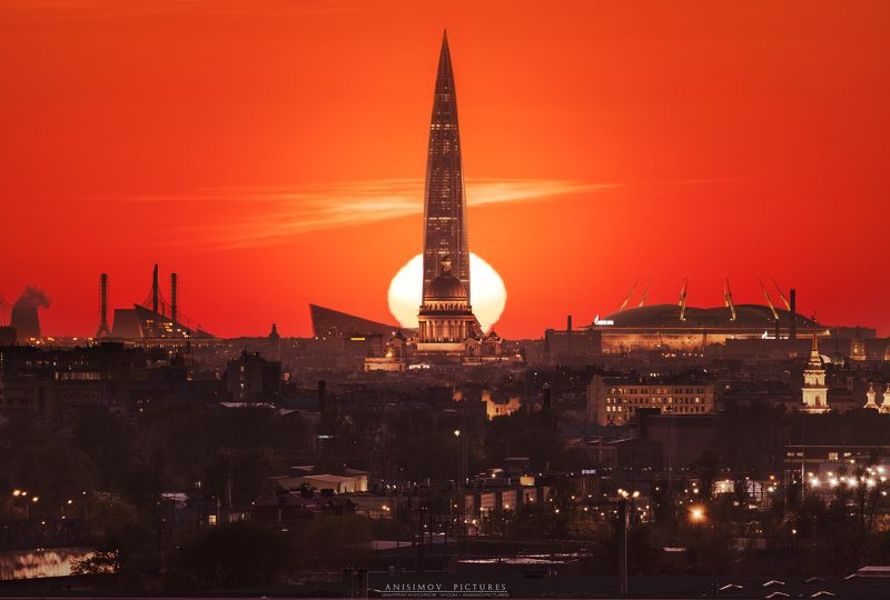 санкт-петербург, архитектура, закат, nikon, спб, лето, весна, золотой час Лахта Центр и Исаакиевский собор на линии с закатным солнцем.photo preview