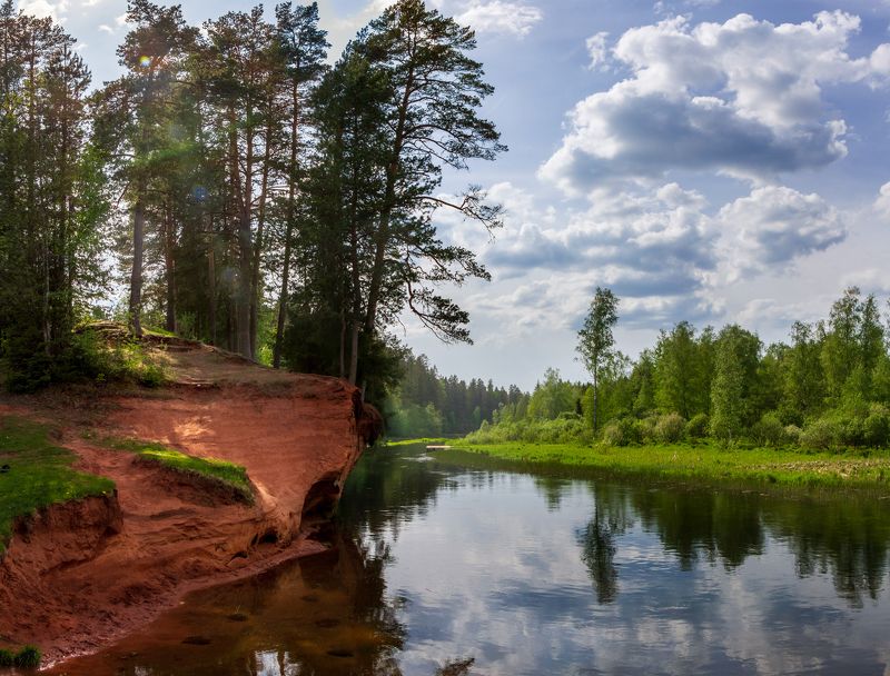пейзаж, природа, сосны. облака, река, мостик, песок, россия, красиво, умиротворение, солнце, отражение Ленинградская областьphoto preview