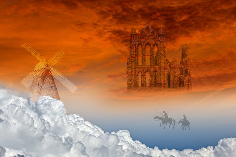 castle, cloud, clouds, collage, color, colors, concept, conceptual, digital, digital art, don quixote, editing, glory, photo collage, photography, road, sancho panza, surreal, surrealism, windmill, On the Road to Gloryphoto preview