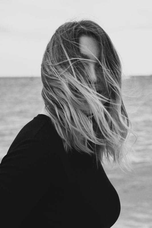 sea, hair, long, windy, black and white, face, hidden, smile Here I am and here I am not. M.photo preview