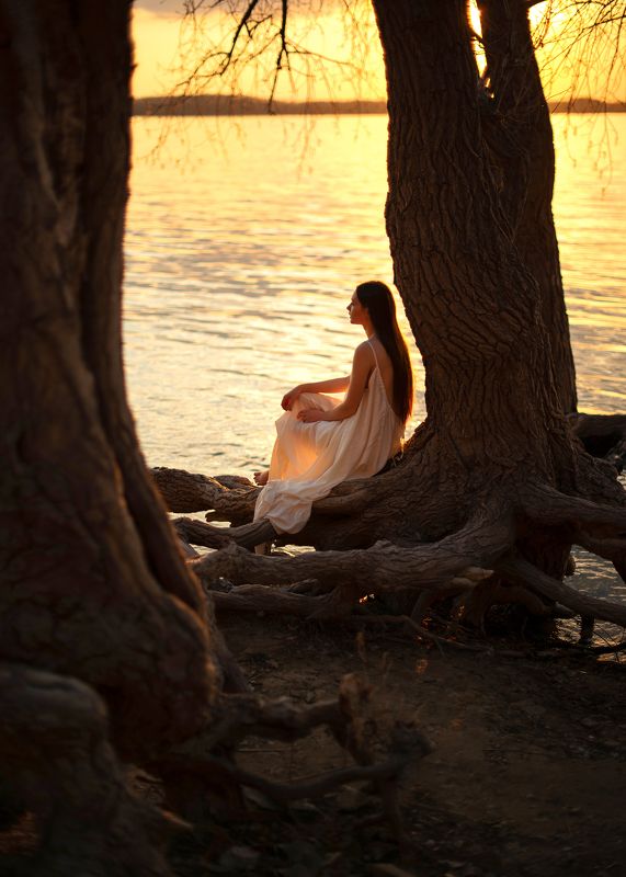 закат, лето, девушка, река, волга, платье, свет Чайка фото превью