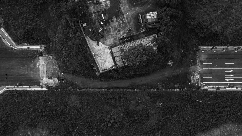 construction, city, megalopolis, black and white, old, unfinished, factory, river, bird\'s eye view, aerial view, field, land, roads, streets, trees, grass Road to nowherephoto preview