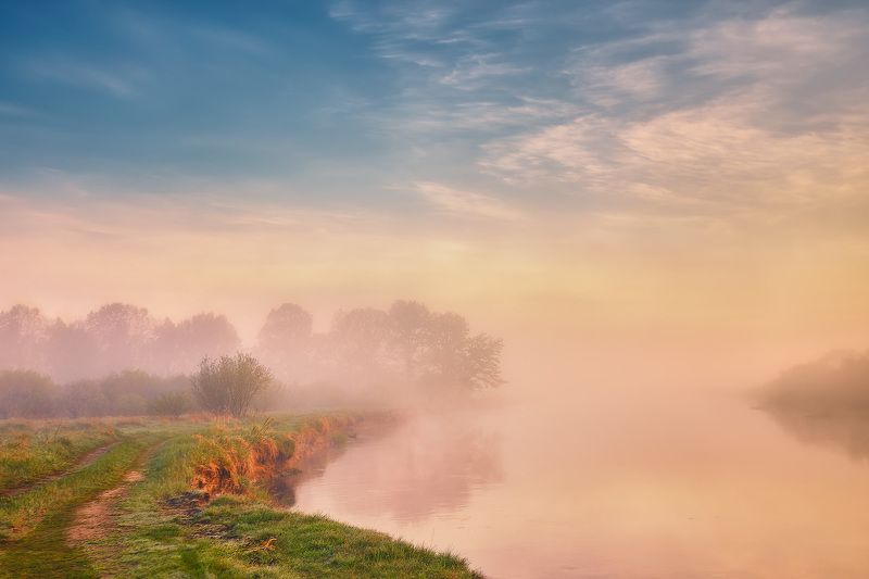 беларусь, березина, весна, дорога, май, облака, поля, рассвет, река, туман, утро Май на Березинеphoto preview