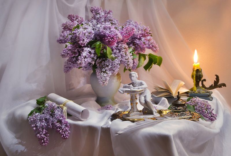 still life, натюрморт, цветы, фото натюрморт, весна, июнь, сирень, фарфор,  др а.с.пушкина, свечи, томик стихов, перо, чернильница, портрет пушкина. ВИВАТ! ПОЭТ ВСЕЯ РУСИ!photo preview