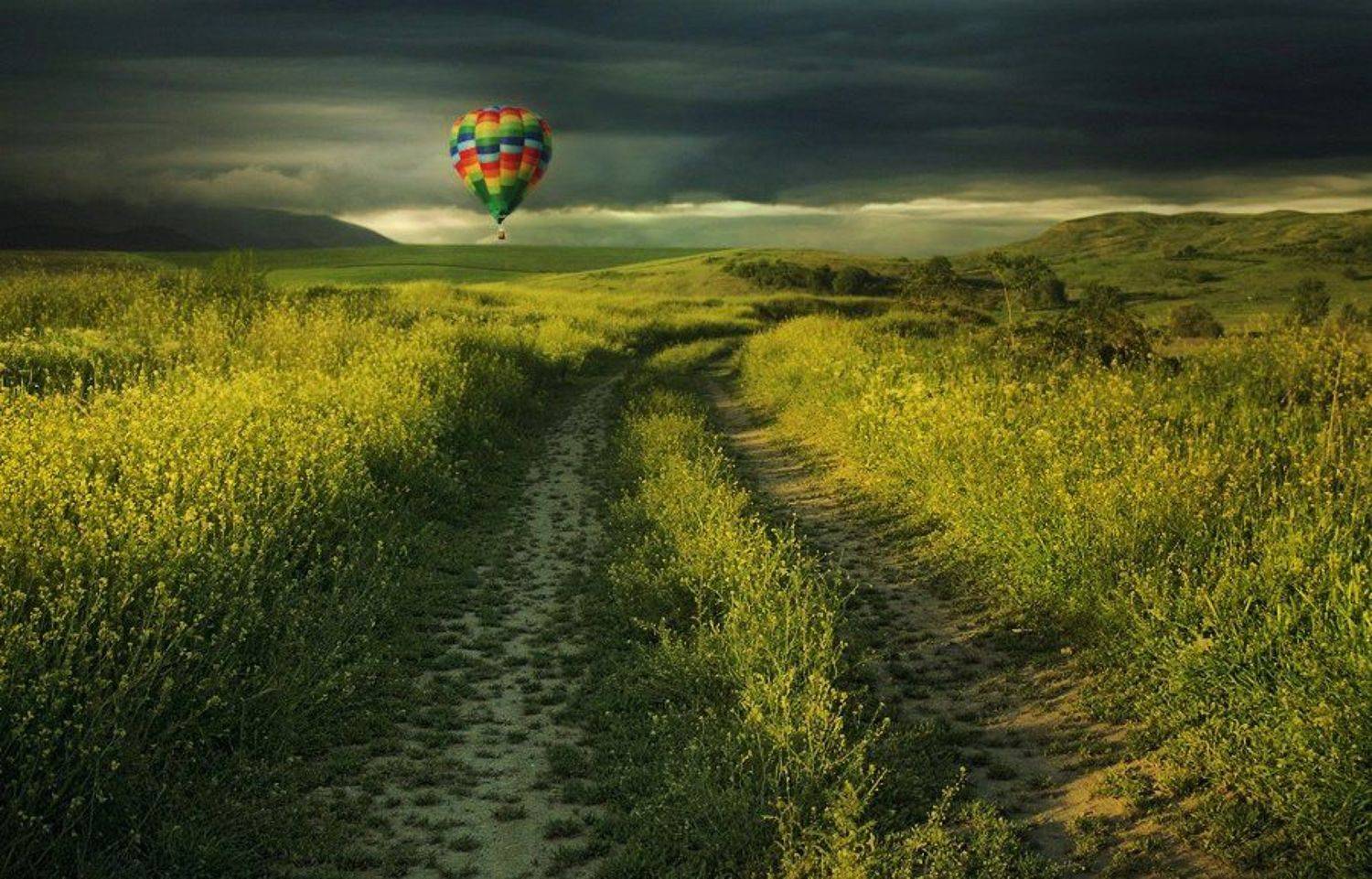 Dream land. Автор: Silvia Georgieva field,green,balloon,yellow,land,road,clouds,sky,storm,summer,, Silvia Georgieva