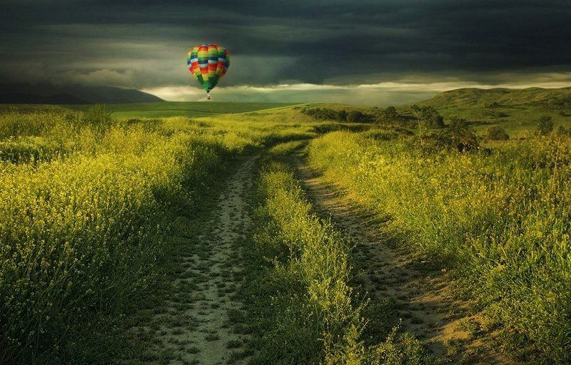 field,green,balloon,yellow,land,road,clouds,sky,storm,summer, Dream landphoto preview