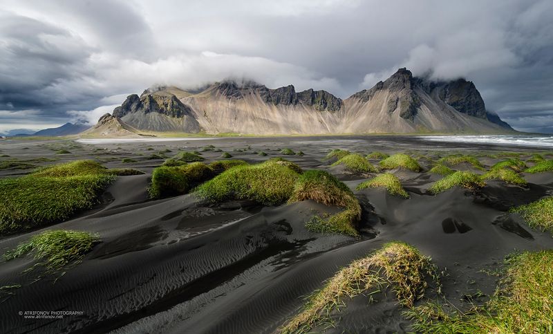Stokksnes, Vestrahorn, Iceland, mountains, dunes, black sand, beach, ocean Stokksnessphoto preview