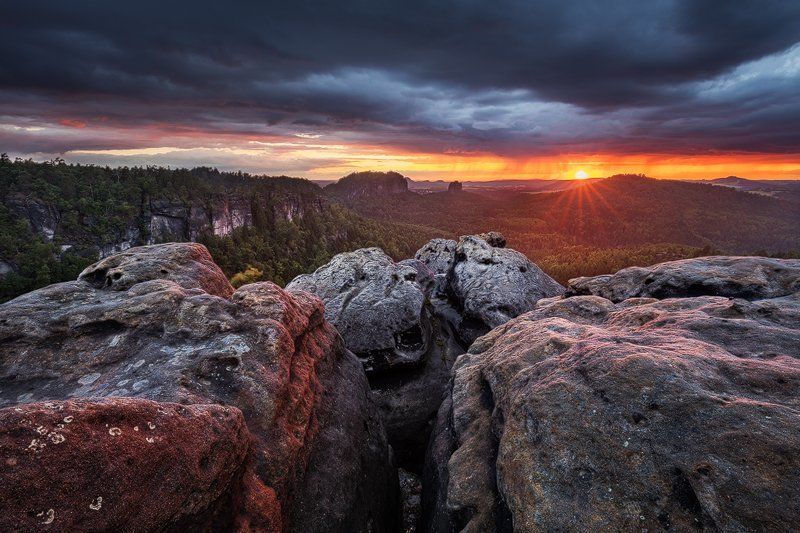 Clouds, Evening, Landscape, Light, Rocks, Saxon switzerland, Summer, Sunset Fire & Rainphoto preview