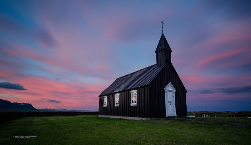 Budir, Iceland, Snaefeelsness, landscape, midnight sun, sky, pink, long exposure, church, old, black church The Black churchphoto preview