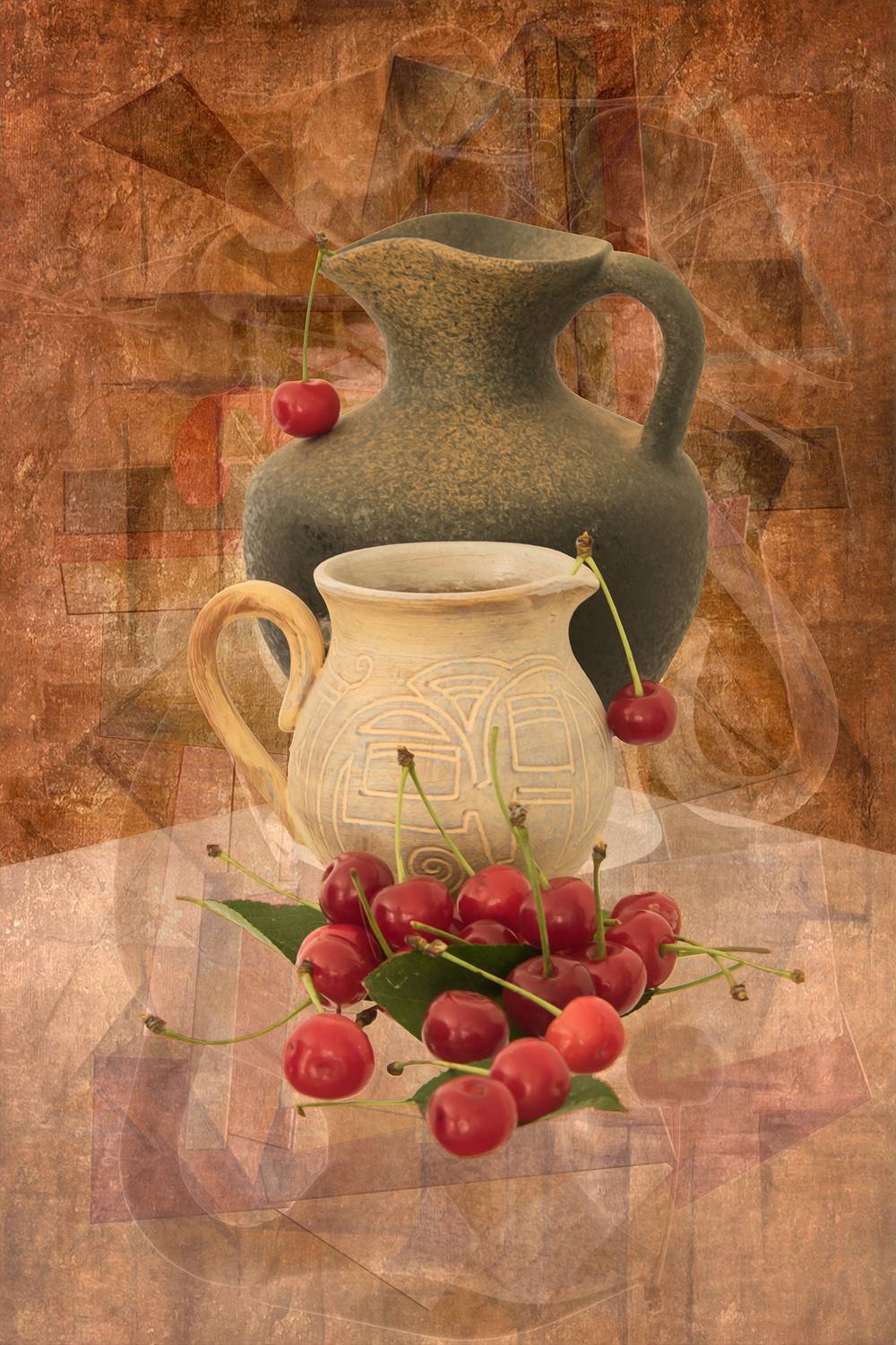 Картина с вишнями / Sour Cherries. Автор: Dr Didi Baev cherry, cherries, clay jug, color, colors, concept, conceptual, digital, digital art, editing, green, photo collage, photography, red, sour cherries, still life,, Dr Didi Baev