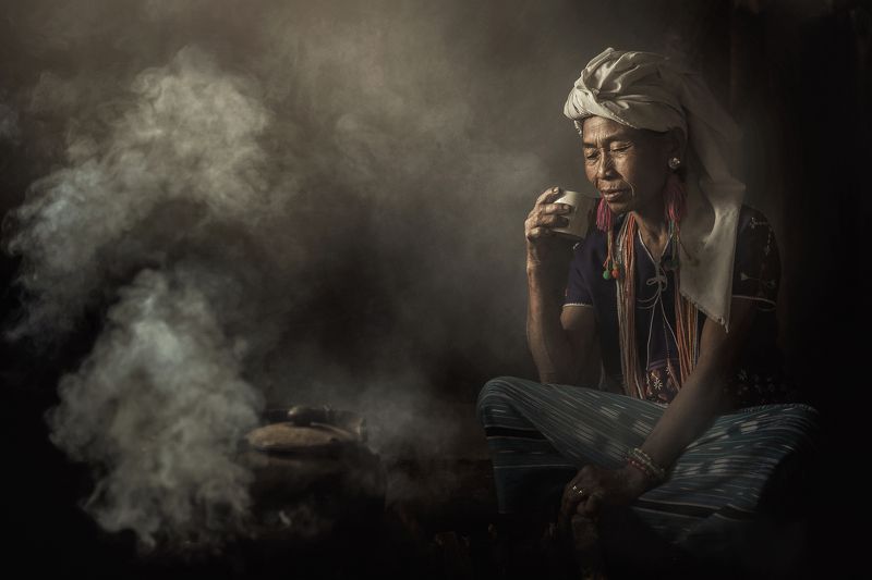 karen; ethnic; clothing; thailand; tribal; old; people; village; necklace; traditional; female; asia; indigenous; dress; girl; face; rai; chiang; style; costume; hill; chaing; typical; refugee; culture; jewelery; mai; fashion; portrait; northern; thai; wo Woman in traditional costumes at Karen drink coffee in Chiang Mai, Thailand.photo preview