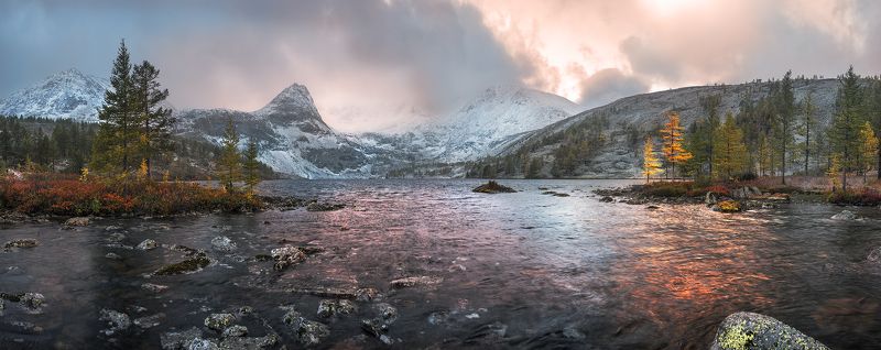 Горы, Закат, Озеро, Осень, Поднебесные зубья, Снег Первый снегphoto preview