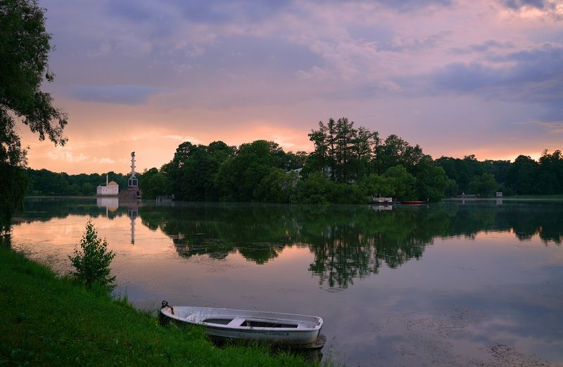 evening, sunset, sky, pond, park, lake, landscape, nature, reflection, boat After the rainphoto preview
