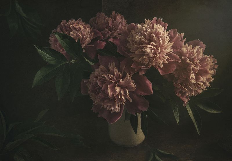 пионы, букет, ваза, цветы, розовые, большие, листья, ретро Пионыphoto preview