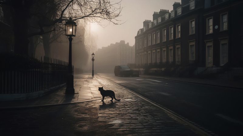 кот, утро, туман, европа, великобритания, лондон Noir Felinephoto preview