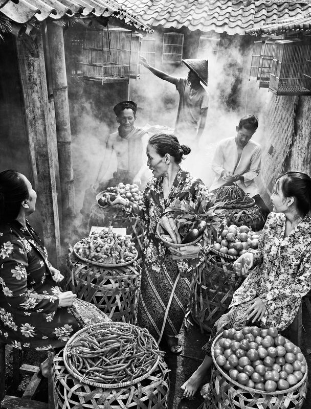 vintage, blackandwhite, market, traditional Old Woman at Traditional Market in the morningphoto preview