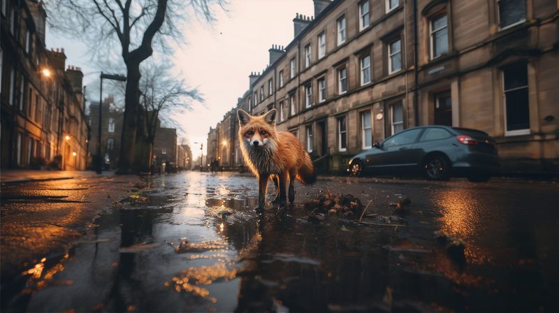 город, британия, лондон, лиса, дождь, синий час, утро, лужи The Fox\'s Secret Hourphoto preview