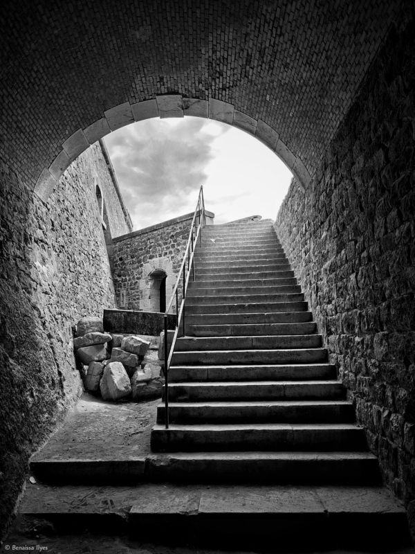 black and white, bnw, monochrome, art, architecture, building, indoor, brick, steps, old, algeria, photography, oran, santa crus, light, shadow, arc, Inside Santa Cruz Castle Oran - Algeria.photo preview