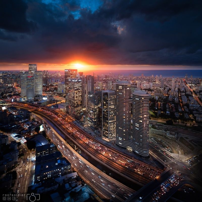 Tel aviv, Israel, city, urban, architecture, cityscape, above, sunset, sunrise, skyscraper, roofer, roof Winter in Tel Avivphoto preview