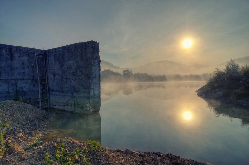 восход, солнце, туман Лестницаphoto preview