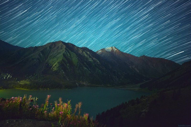 night, perseids, trail, star, mountains, meteor Big Almaty lake at nightphoto preview