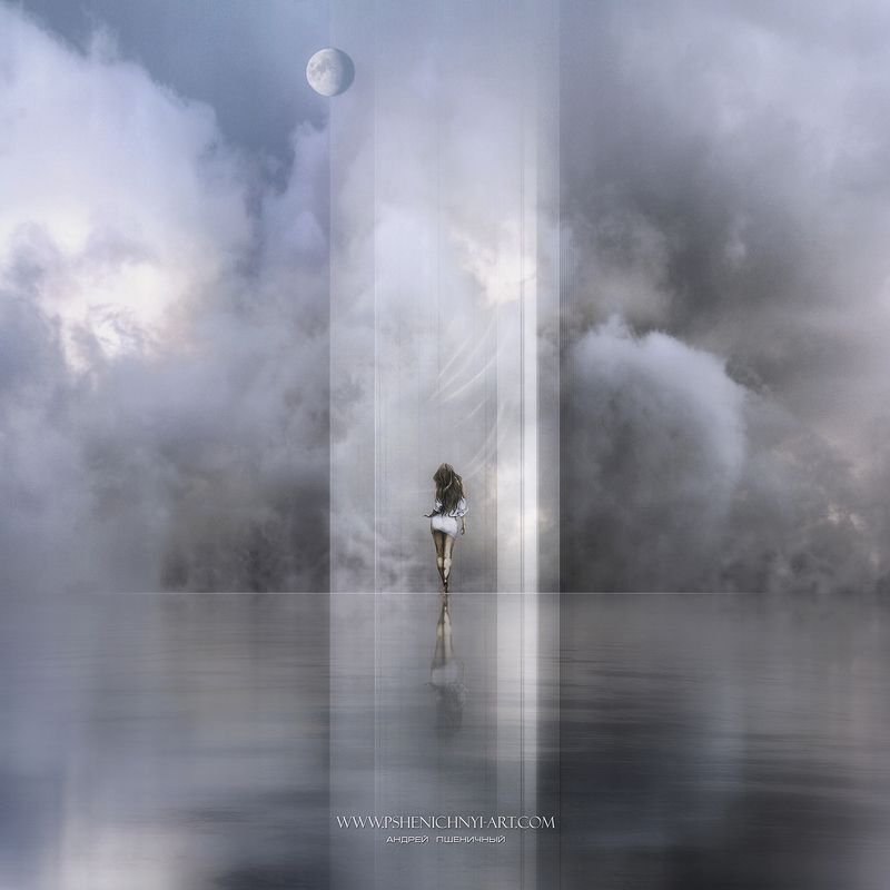 силуэт, девушка, прогулка, мистика, концепт, вода, отражение, луна, вертикаль, небо, туман Прогулки под лунойphoto preview