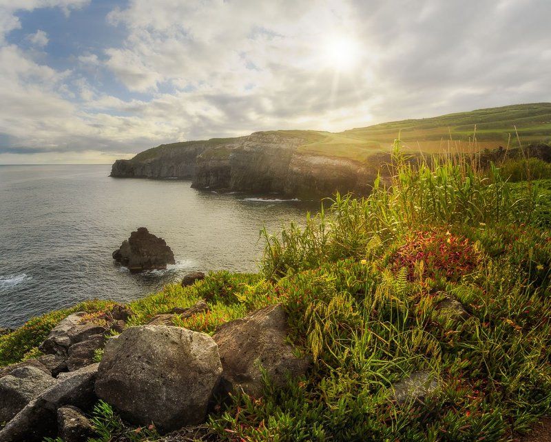 португалия, сан-мигель, остров, прибой, скалы, волны, океан, камни, колючки, кактусы, солнце, небо, облака, лучи, берег, утро Утро на краю.photo preview