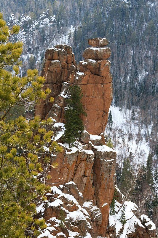 столбы, зима, скала, тайга, калтат, колокольня, снег, ущелье Калтатская галерея. Колокольня.photo preview