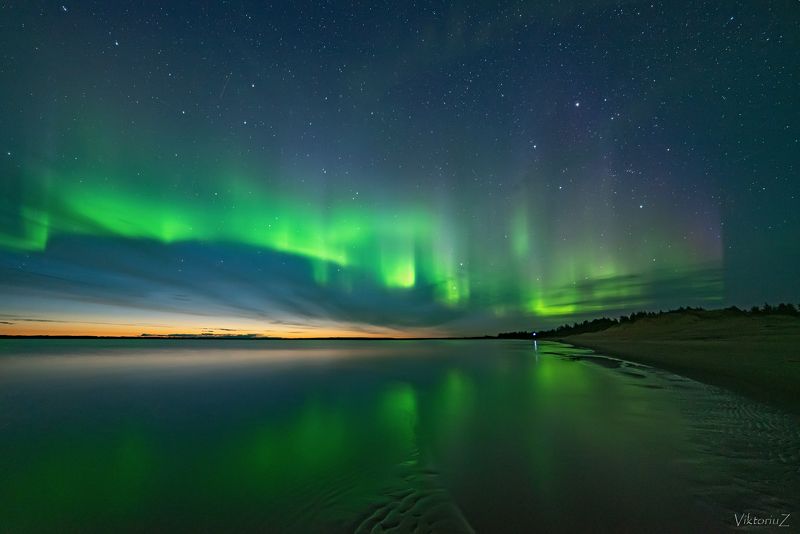 северное сияние, полярное сияние, заполярье, aurora borealis, polar lights, река, отражение На реке Печораphoto preview